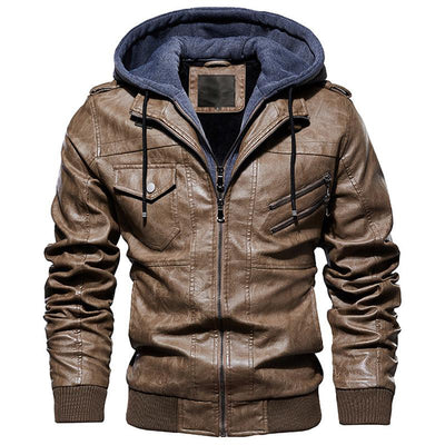 Motorcycle Zip-Front Leather Jacket with Hood