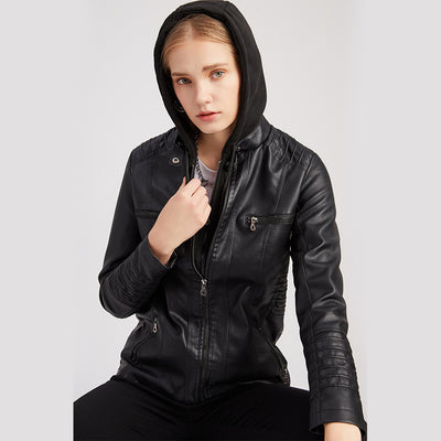 Veste en cuir à capuche pour femme