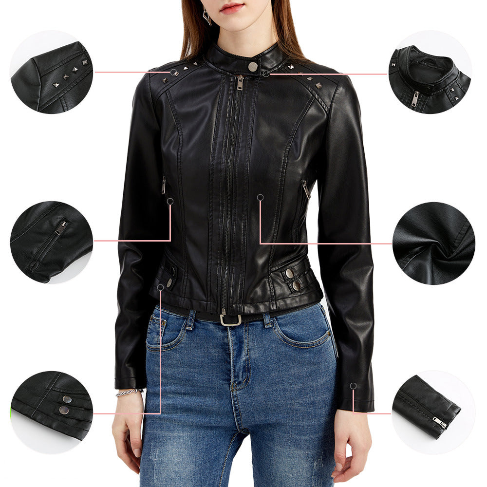 Veste courte en cuir à rivets pour femmes