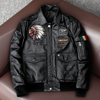 Veste en cuir de vachette véritable Bomber Flight brodée pour hommes