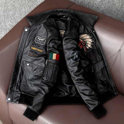 Veste en cuir de vachette véritable Bomber Flight brodée pour hommes