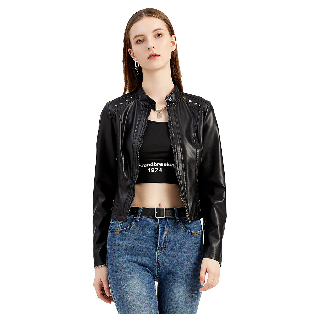 Women's Cropped Rivet Leather Jacket