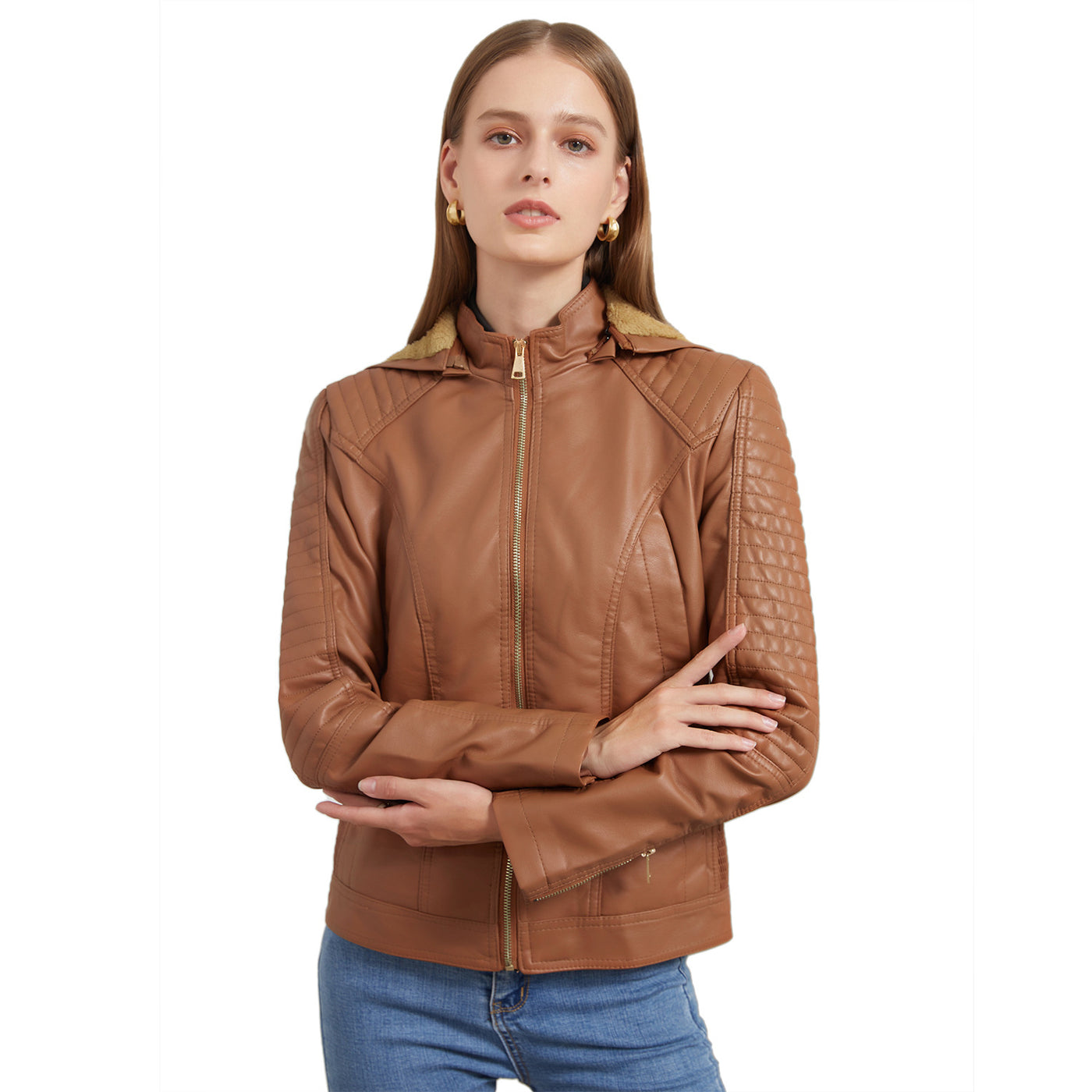 Faux Leather Jacket with Removable Hood