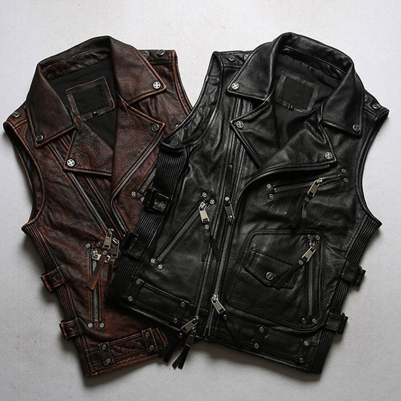 Steampunk Zip Up Leather Vest Sleeveless Biker Jacket