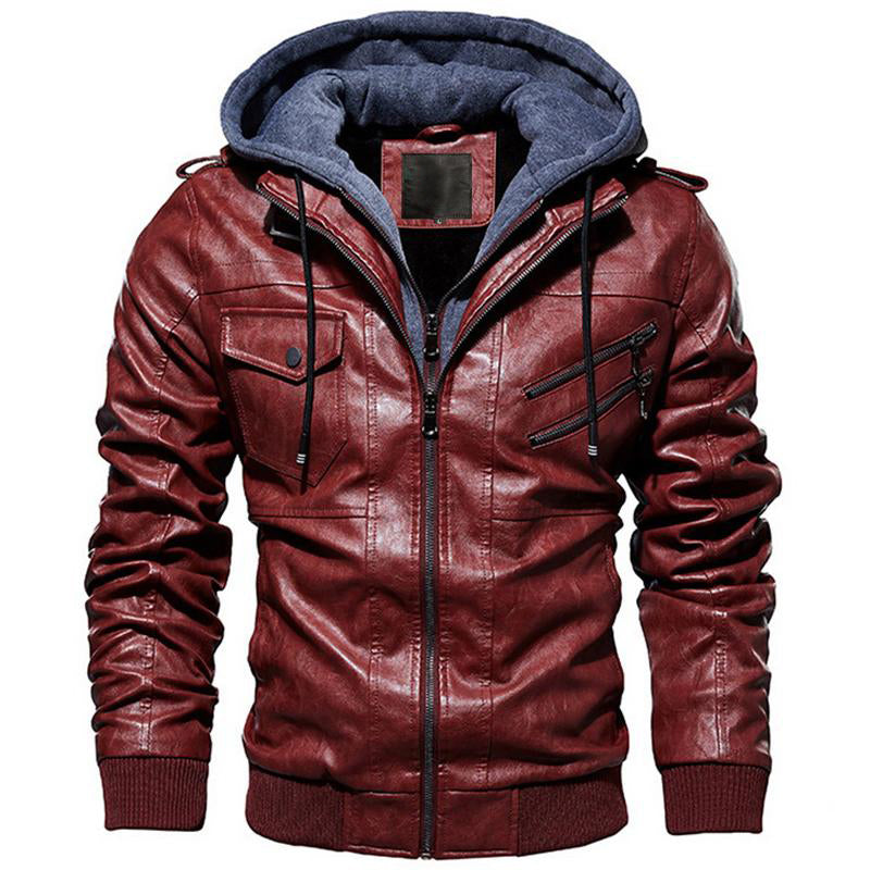 Motorcycle Zip-Front Leather Jacket with Hood