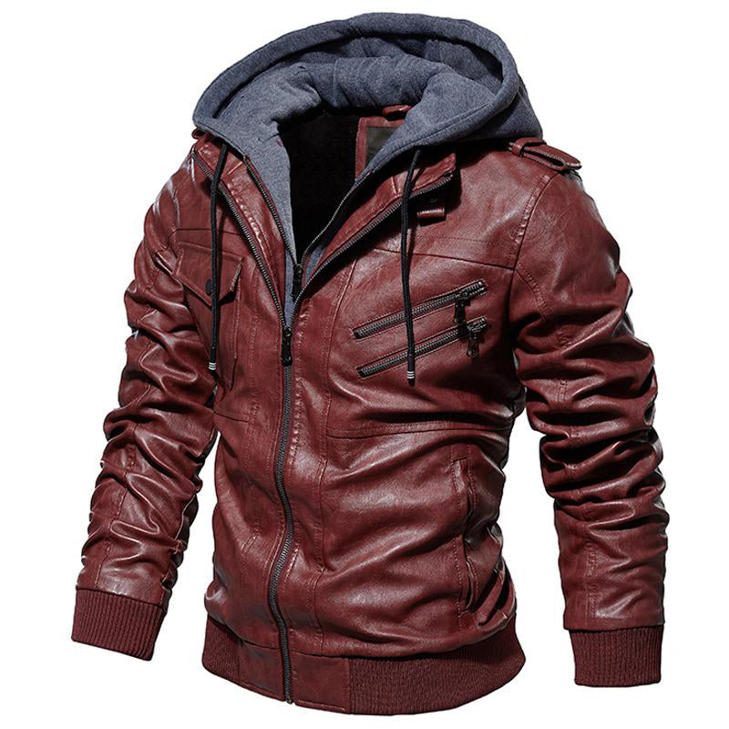 Motorcycle Zip-Front Leather Jacket with Hood