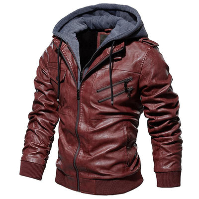 Motorcycle Zip-Front Leather Jacket with Hood