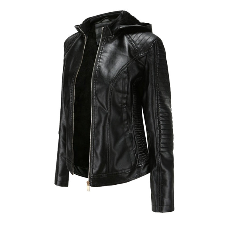 Faux Leather Jacket with Removable Hood