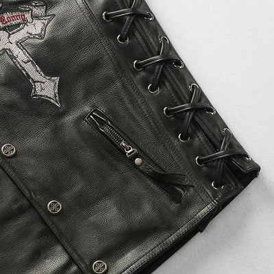 V-Neck Skull Cross Leather Vest