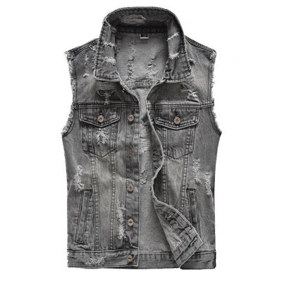 Ripped Denim Vest Grey For Motorcycle Bikers